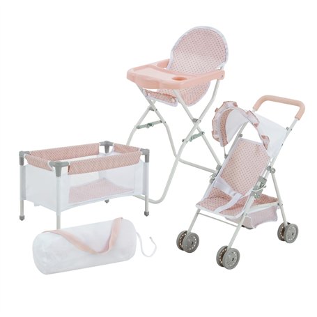 Olivia's Little World Station de Nurserie 3pcs Lit Bebe Chaise Haute et Poussette Rose Gris