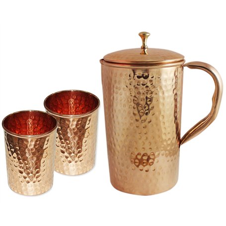 Herbever ® Carafe indienne en cuivre pur avec 2 verres martelés