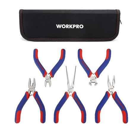 WORKPRO Jeu de Mini Pinces en Acier au Carbone avec Poignée Bi-matière et Sac de Rangement 5 Pièces