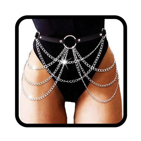 Flovel Punk Cuir Taille Chaîne Ceinture Noir Couches Corps Chaînes Harnais Discothèque Corps Chaîne pour Femmes et Filles