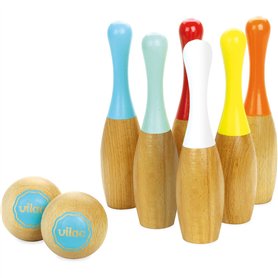 Vilac - 6 Quilles de Bowling - Bicolores - Jeu de Plein Air - Jeu d'Adresse et de Précision en Bois - Jeu d'Ambiance - 2 Boules
