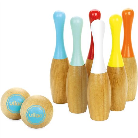 Vilac - 6 Quilles de Bowling - Bicolores - Jeu de Plein Air - Jeu d'Adresse et de Précision en Bois - Jeu d'Ambiance - 2 Boules