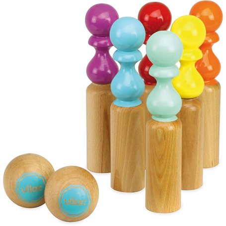 Vilac - 6 Quilles de Bowling Retro - Bicolores - Jeu de Plein Air - Jeu d'Adresse et de Précision en Bois - Jeu d'Ambiance - 2 B