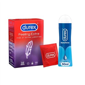 Durex - Lot de Préservatifs et Lubrifiant - Feeling Extra x16 - Gel Lubrifiant Sensitive 50ml