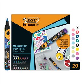 BIC Intensity Paint Lot de 20 marqueurs peinture à pointe moyenne - Marqueur Peinture à base d’eau - Feutre acrylique - Surfaces