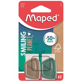 Maped - Lot de 2 gommes Précision Smiling Planet - Gomme Blanche avec Fourreau composé à 50% de Fibres de Bois certifiées FSC -