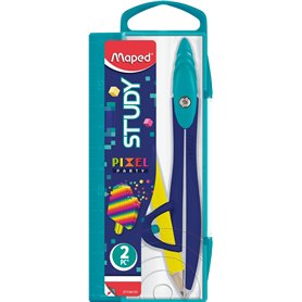 Maped - Compas Study Pixel Party - Chape Ergonomique - Bague Universelle - Branches en Métal - À Partir de 6 Ans