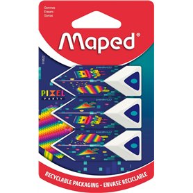 Maped - Lot de 3 Gommes Pyramides - Apporte Précision et Confort - Gomme Blanche - Gamme Pixel Party - Emballage recyclable