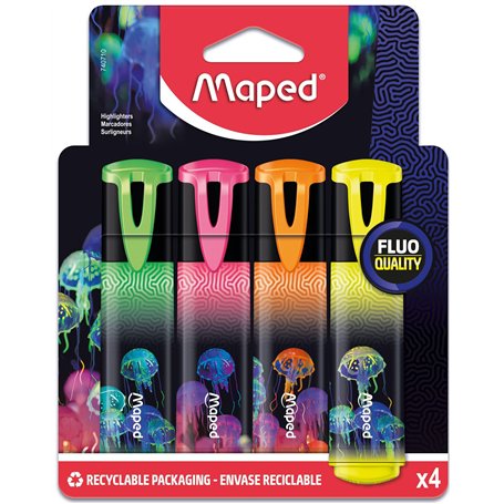MAPED - 4 surligneurs Deepsea Paradise - Surligneurs Pointe Biseautée - Pochette de 4 surligneurs Rose