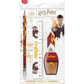 Maped - Set de Papeterie Gryffondor 4 Pièces - 1 Règle Transparente 15cm + 1 Taille-Crayons 1 Trou + 1 Gomme + 1 Crayon Papier H
