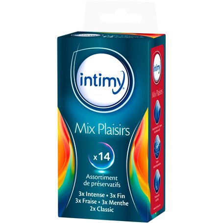 INTIMY - Mix Plaisirs - x14 - Assortiment de préservatifs lubrifiés - 5 sensations différentes - Intense