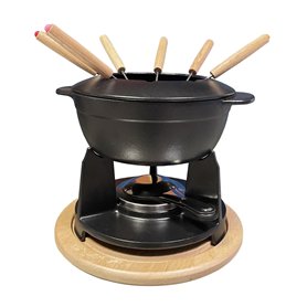 BAUMALU - Service à Fondue - Caquelon en Fonte - Couvercle Anti-Éclaboussures - Réchaud - Brûleur à Pâte - 6 Fourchettes - Plate