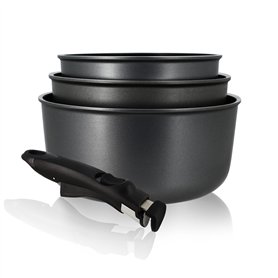 MENASTYL - Set de 4 pièces - 3 casseroles 16/18/20 cm + 1 poignée amovible – 6020284 – Casseroles en aluminium compatibles tous