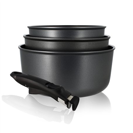 MENASTYL - Set de 4 pièces - 3 casseroles 16/18/20 cm + 1 poignée amovible – 6020284 – Casseroles en aluminium compatibles tous