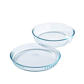 Pyrex - Lot de 2 Moules - Moule à Tarte 28cm + Moule à Gâteau 26cm - Verre Borosilicate -Résistant aux Rayures - Made in France