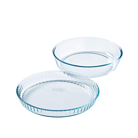 Pyrex - Lot de 2 Moules - Moule à Tarte 28cm + Moule à Gâteau 26cm - Verre Borosilicate -Résistant aux Rayures - Made in France