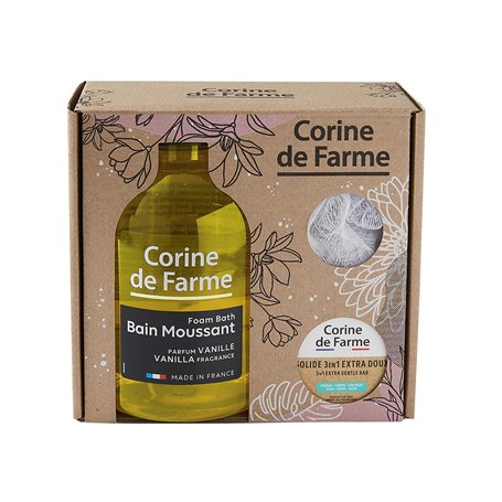 Corine de Farme - Coffret Bain Moussant Parfum Vanille - Bain Moussant Parfum Vanille 1L + 3en1 Solide 75g + 1 Fleur de douche -