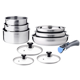 Batterie 10 pcs casseroles 16-18-20 cm poêle 20-22-26 cm satiné couvercles 16-18-20 cm 1 poignée