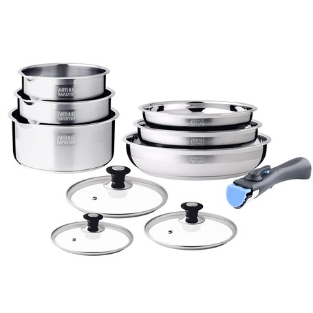 Batterie 10 pcs casseroles 16-18-20 cm poêle 20-22-26 cm satiné couvercles 16-18-20 cm 1 poignée