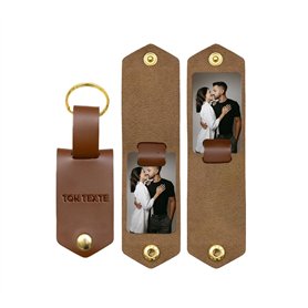 Porte Clé En Cuir Personnalisé avec Texte Gravé et Deux Photos Sublimées