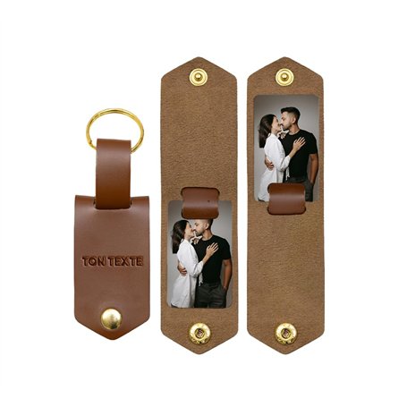 Porte Clé En Cuir Personnalisé avec Texte Gravé et Deux Photos Sublimées