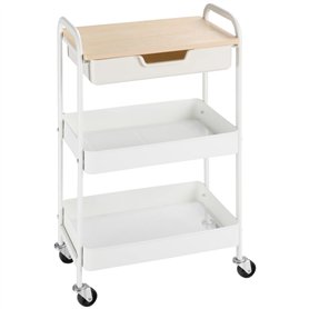HOMCOM Desserte de Cuisine Chariot de Service 2 étagères tiroir Plateau Aspect Bois Clair Acier PP Blanc