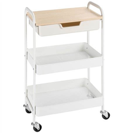 HOMCOM Desserte de Cuisine Chariot de Service 2 étagères tiroir Plateau Aspect Bois Clair Acier PP Blanc