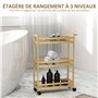 HOMCOM Étagère de Rangement de Salle de Bain en Bambou à 3 Niveaux, Chariot de Rangement, Meuble Salle de Bain avec roulettes po