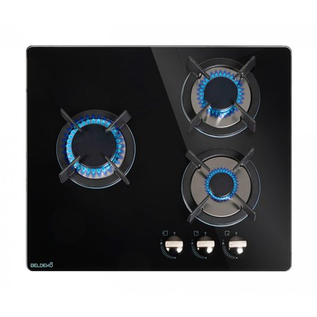 BELDEKO - Plaque de cuisson Gaz verre noir 3 zones - 5250 W - Gaz ville et bouteille - Grilles en fonte