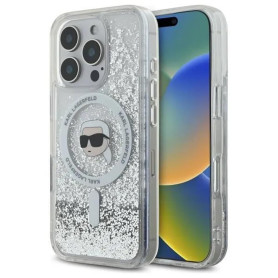 CG Mobile Karl Lagerfeld Magsafe Coque Rigide à Paillettes liquides avec tête Karl pour iPhone 16 Pro Max Transparent