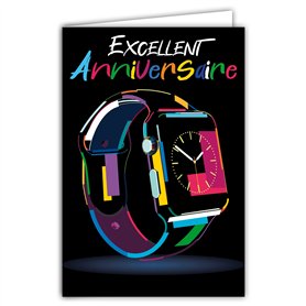 69-8042 Carte Excellent Anniversaire Montre connectée Sport Couleurs Fluo Mixte Illustration avec Enveloppe Format 12x17