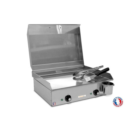 PLANCHAELEC - Plancha Electrique NEO E530-2400W - Couvercle + 2 Ustensiles - Inox - Thermostat Réglable - 8 Personnes - Made In