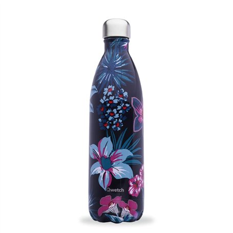 Qwetch - Bouteille Isotherme Bornéo Noir 1L - Gourde Nomade Inox - 24h Froid et 12h Chaud - Etanche