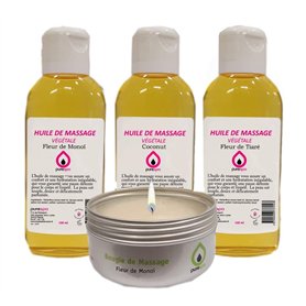 Coffret Evasion Purespa 3 Huiles de Massage végétale parfumée Monoï | Tiaré | Coconut + 1 bougie de massage végétale Monoï