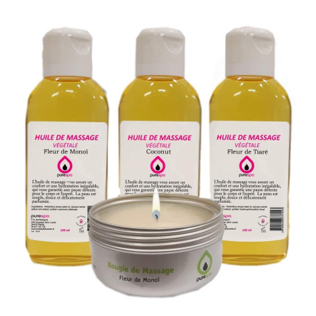 Coffret Evasion Purespa 3 Huiles de Massage végétale parfumée Monoï | Tiaré | Coconut + 1 bougie de massage végétale Monoï