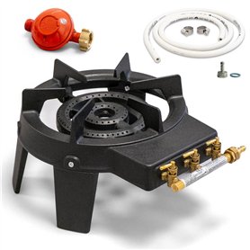 PROWELTEK - Rechaud à gaz en Fonte véritable 4 pieds 2 bruleurs + Tuyau gaz flexible 1.50m + Détendeur Propane TRIGLAV 9800