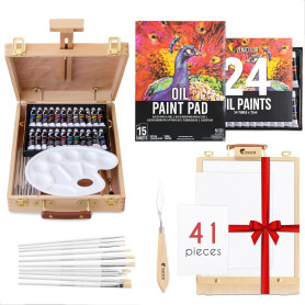 Chevalet Peinture et Peinture à l’Huile - Kit Peinture 41 Pièces : 24 tubes de peinture 3 toiles peinture 1 Bloc Papier 10 Pince