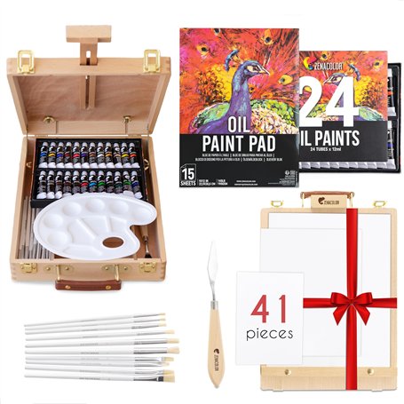 Chevalet Peinture et Peinture à l’Huile - Kit Peinture 41 Pièces : 24 tubes de peinture 3 toiles peinture 1 Bloc Papier 10 Pince