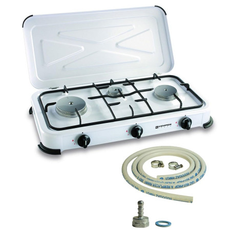 KEMPER - Réchaud gaz portable 3 feux 3450W Blanc laqué Couvercle Plaque de cuisson + tuyau gaz