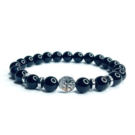 Felicidade Bracelet en obsidienne noire avec arbre de vie - Perles Semi-Précieuses de 8mm