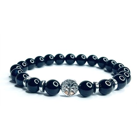 Felicidade Bracelet en obsidienne noire avec arbre de vie - Perles Semi-Précieuses de 8mm