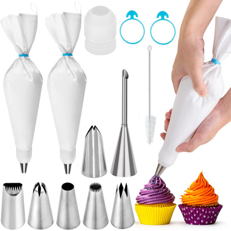 Lot de 2 Poches à Douille Premium Écolo - 7 Douilles en Inox - Poche à Douille en Coton 40 cm Réutilisable - Qualité Professionn