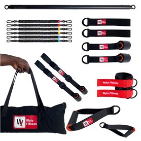Pack de Musculation Élastiques + Sangles de Suspension | 6 élastiques (5 à 70kg) | 10 Accessoires (Barre