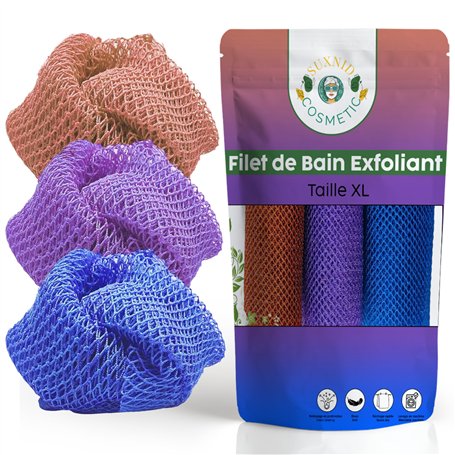 Lot de 3 filets de bain : exfoliants africains à double texture - côté doux et côté exfoliant pour un soin corporel sur-mesure -