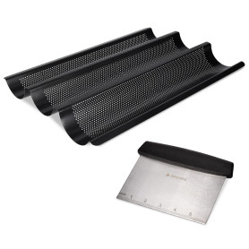 Navaris Plaque de cuisson baguette - Moule à pain antiadhésif avec planche en acier au carbone et coupe-pâte pour 3x baguette au
