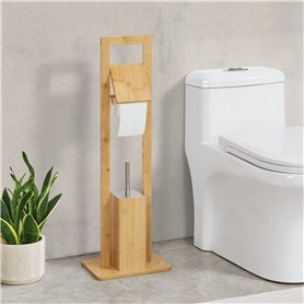[en.casa] Set de Porte-Papier Toilette sur Pied Support Brosse Amovible Ensemble Meubles WC Stylé Bambou Acier Inoxydable Plasti