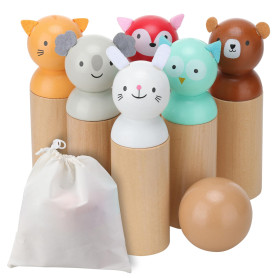 Navaris Bowling Enfant - Jeu de quilles Enfant en Bois Design Animaux avec 6X quille 1x Boule et Sac de Rangement - Jouets intér
