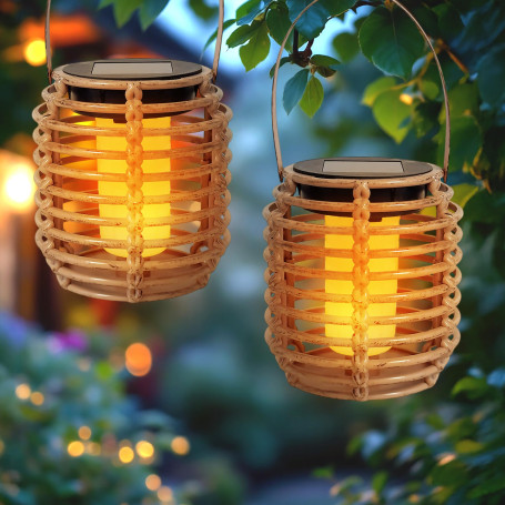 Lot de 2 mini lampes solaires aspect rotin - 11 x 10 cm - Petite lanterne LED à suspendre ou à poser - Décoration de jardin - Éc