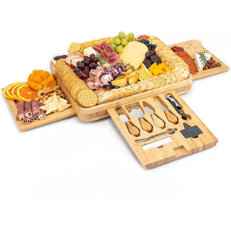Planche à Fromage en Bambou et Ensemble de Couteaux Bols en céramique Ouvre-vin Plateau de Service