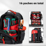 Wiltec Sac à dos à outils multipoches, 33 x 20 x 43 cm – Capacité de 30 kg – Sacoche outils à bretelles ajustable et 16 comparti